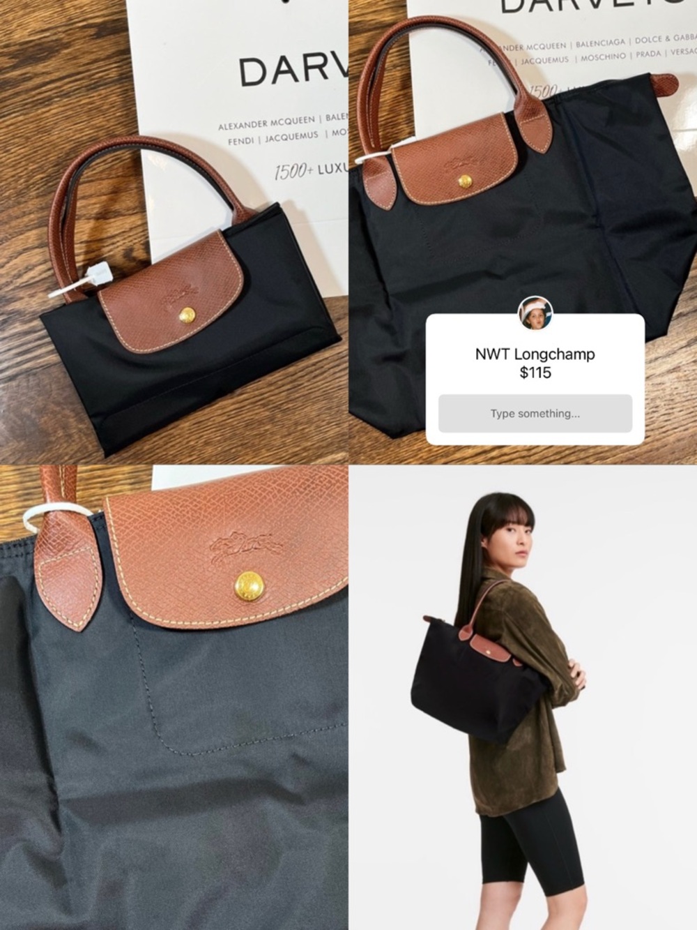 Longchamp Black Tote with Brown Leather Trim and Handles